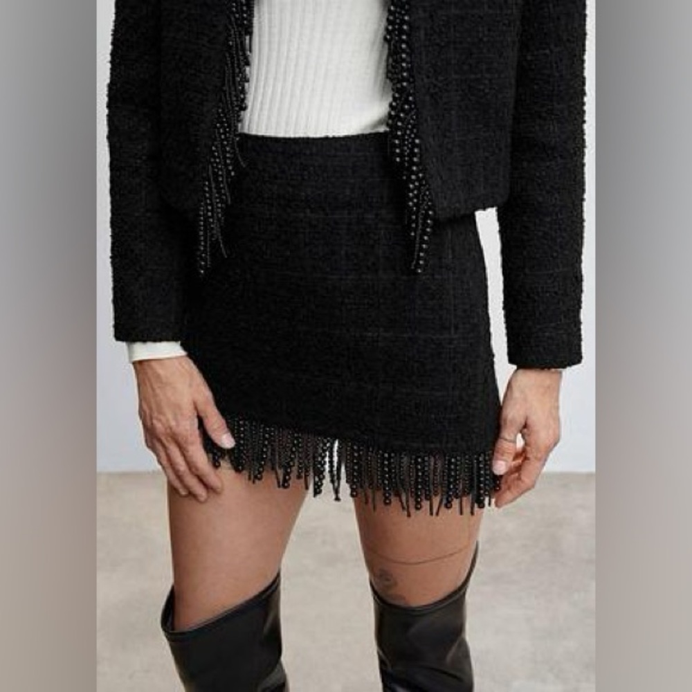 Mango MNG Black Tweed Beaded Fringe Mini Skirt size small